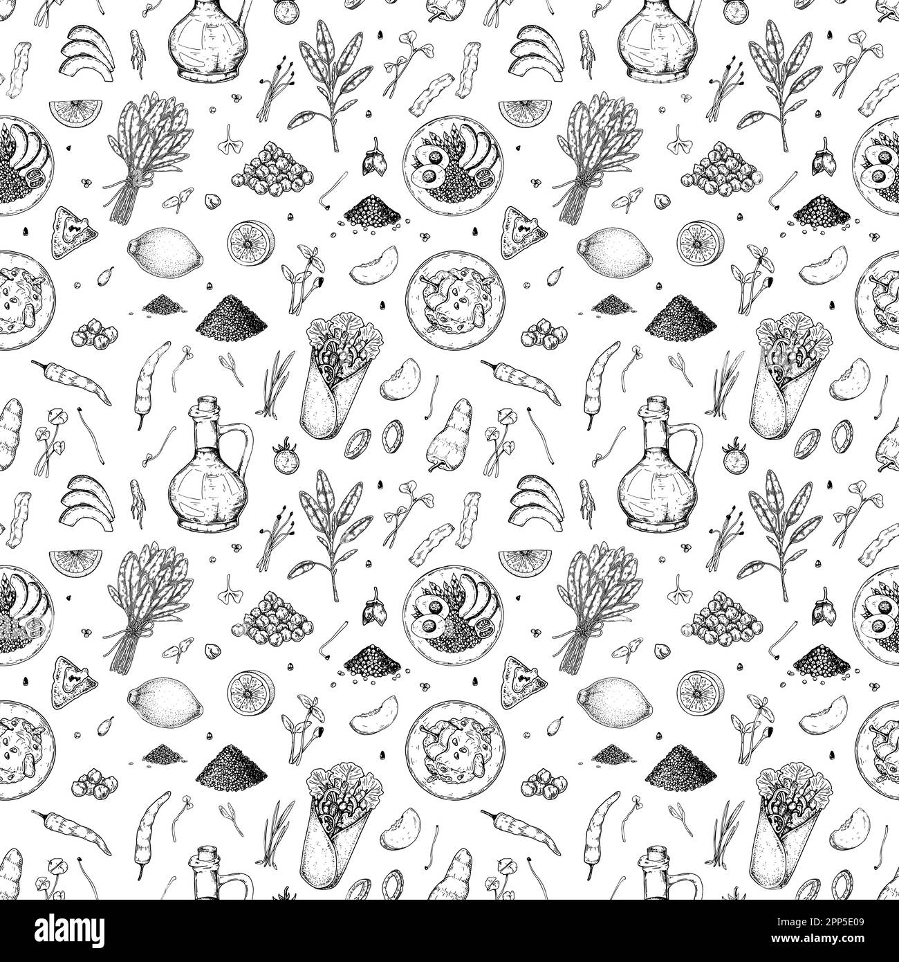 Food seamless pattern. Vector illustration in sketch style. Vintage