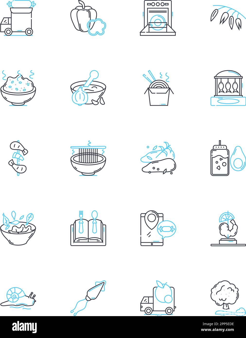 Edible goods trade linear icons set. Market, Supply, Demand, Production, Distribution, Agriculture, Food line vector and concept signs. Consumer,Trade Stock Vector