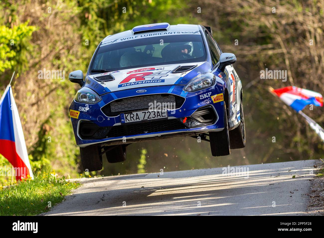 ZAGREB, CROATIA - APRIL 22: Martin Ravenscak of Croatia and Dora Ravenscak of Croatia compete in their Martin Ravenscak Ford Fiesta Rally3 during Day Two of the FIA World Rally Championship Croatia on April 22, 2023 at Petrus Vrh near Karlovac, Croatia. Photo: Igor Kralj/PIXSELL Stock Photo