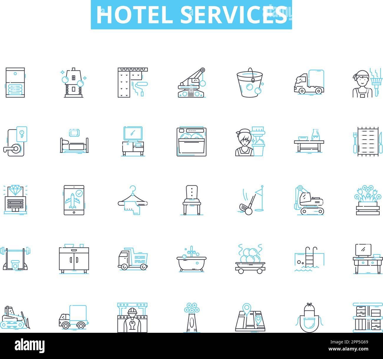 Hotel services linear icons set. ospitality, Accommodations, Amenities, Concierge, Room service, Housekeeping, Reception line vector and concept signs Stock Vector