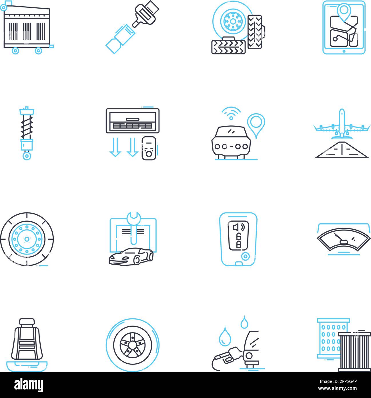 Automotive servicing linear icons set. Diagnostics, Maintenance, Repairs, Alignment, Brakes, Exhaust, Suspension line vector and concept signs Stock Vector