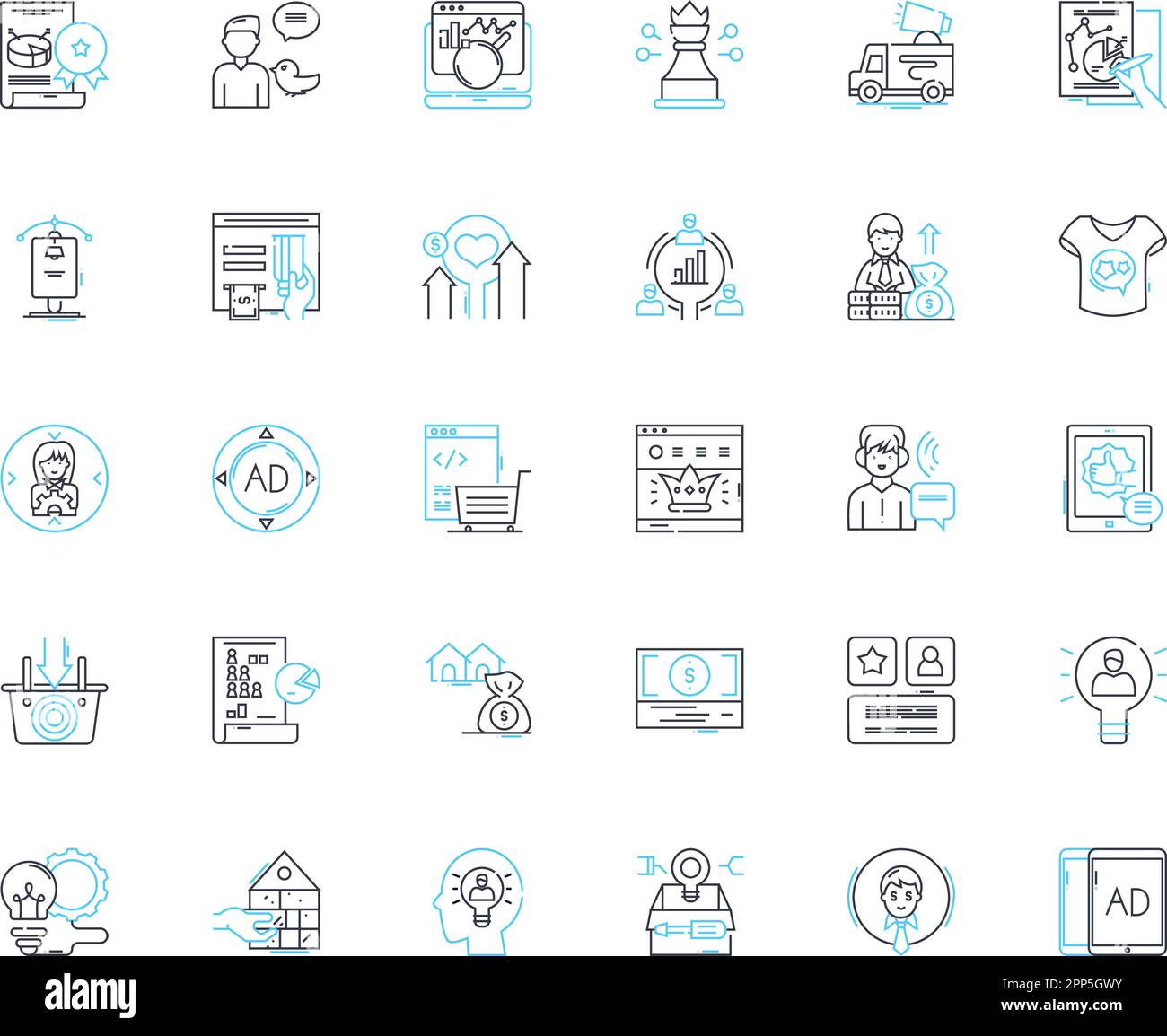 Publicity linear icons set. Exposure, Buzz, Attention, Hype, Viral ...