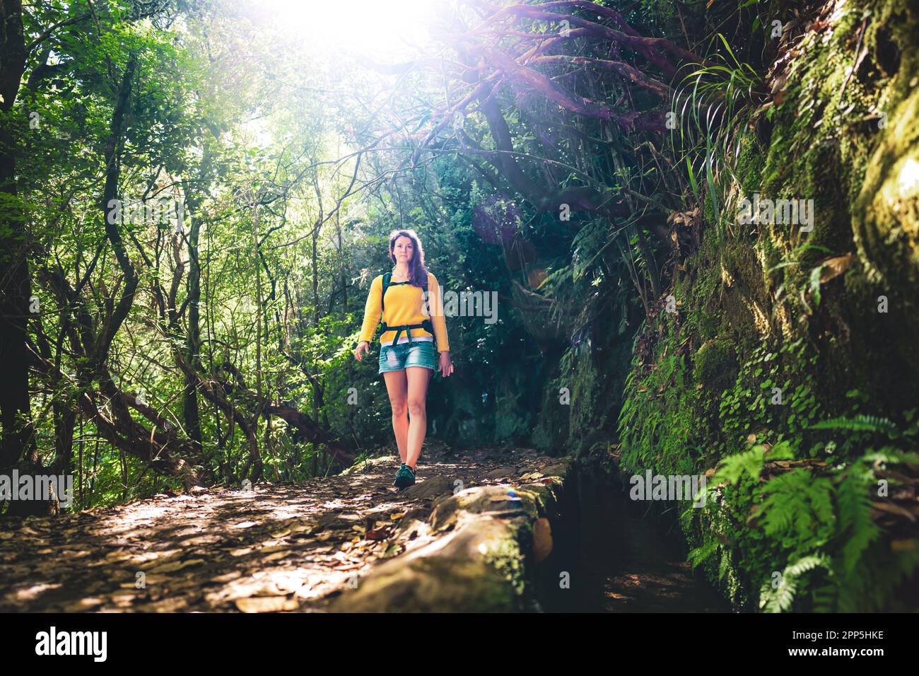 Description: Tourist woman walking along jungle hiking trail  next to canal through Madeiran rainforest. Levada of Caldeirão Verde, Madeira Island, Po Stock Photo