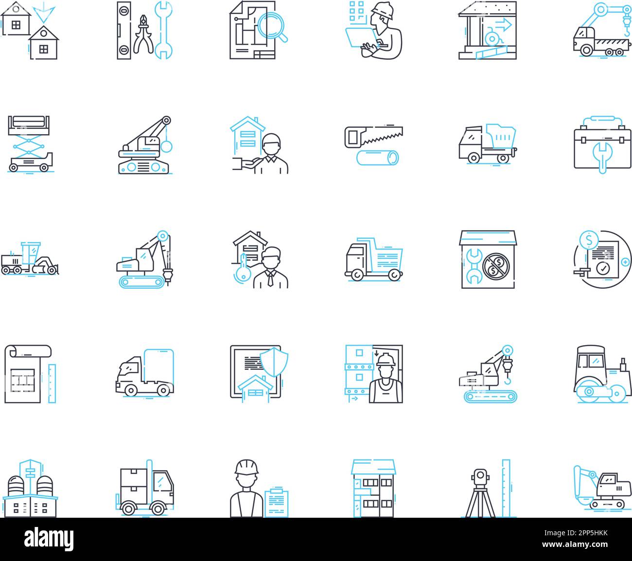 Contractors linear icons set. Construction, Renovation, Remodeling, Housekeeping, Design, Plumbing, Electrician line vector and concept signs Stock Vector