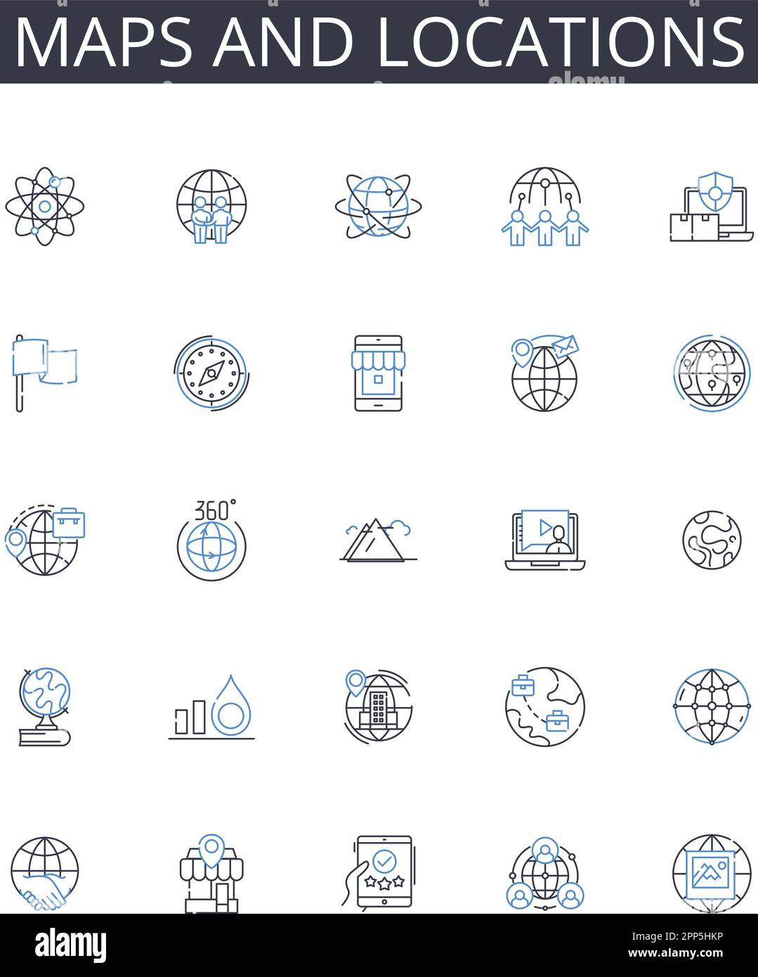 Maps and locations line icons collection. Cartography, Geolocation, Topography, Atlas, Navigation, Terrain, Geocaching vector and linear illustration Stock Vector