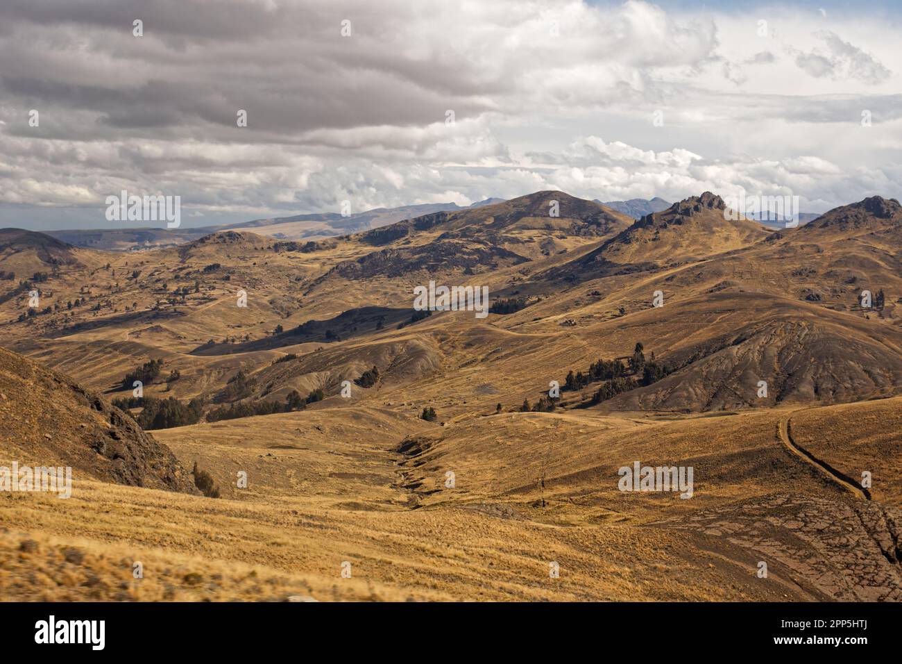 A cloudy morning landscape of the hills near Lake Titicaca, La Paz department, Bolivia Stock Photo