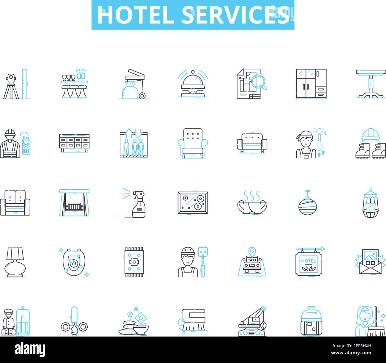 Hotel services linear icons set. ospitality, Accommodations, Amenities, Concierge, Room service, Housekeeping, Reception line vector and concept signs Stock Vector
