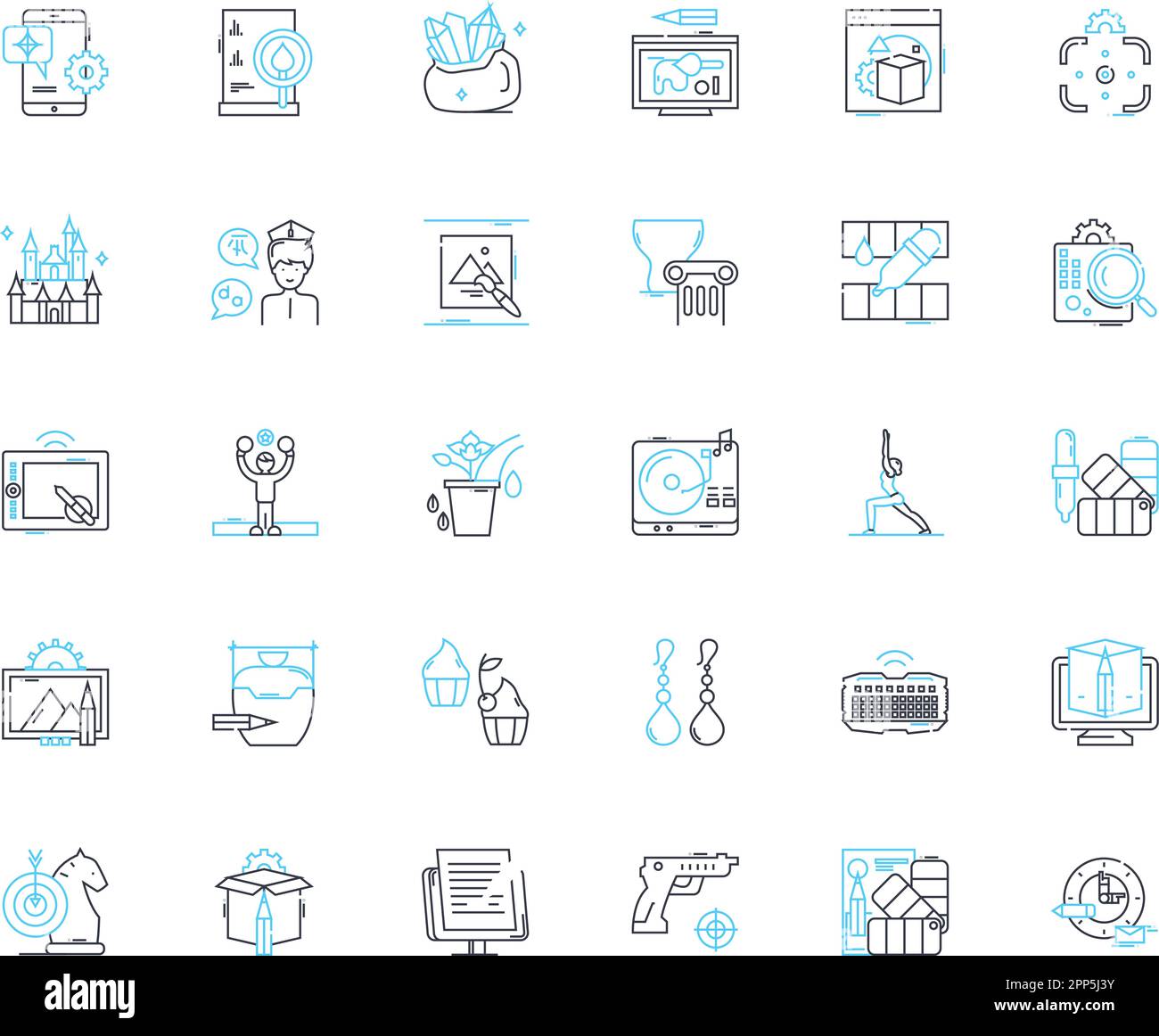 Multimedia art linear icons set. Animation, Digital, Video, Graphics, Sound, Music, Design line vector and concept signs. Interactive,Virtual Stock Vector