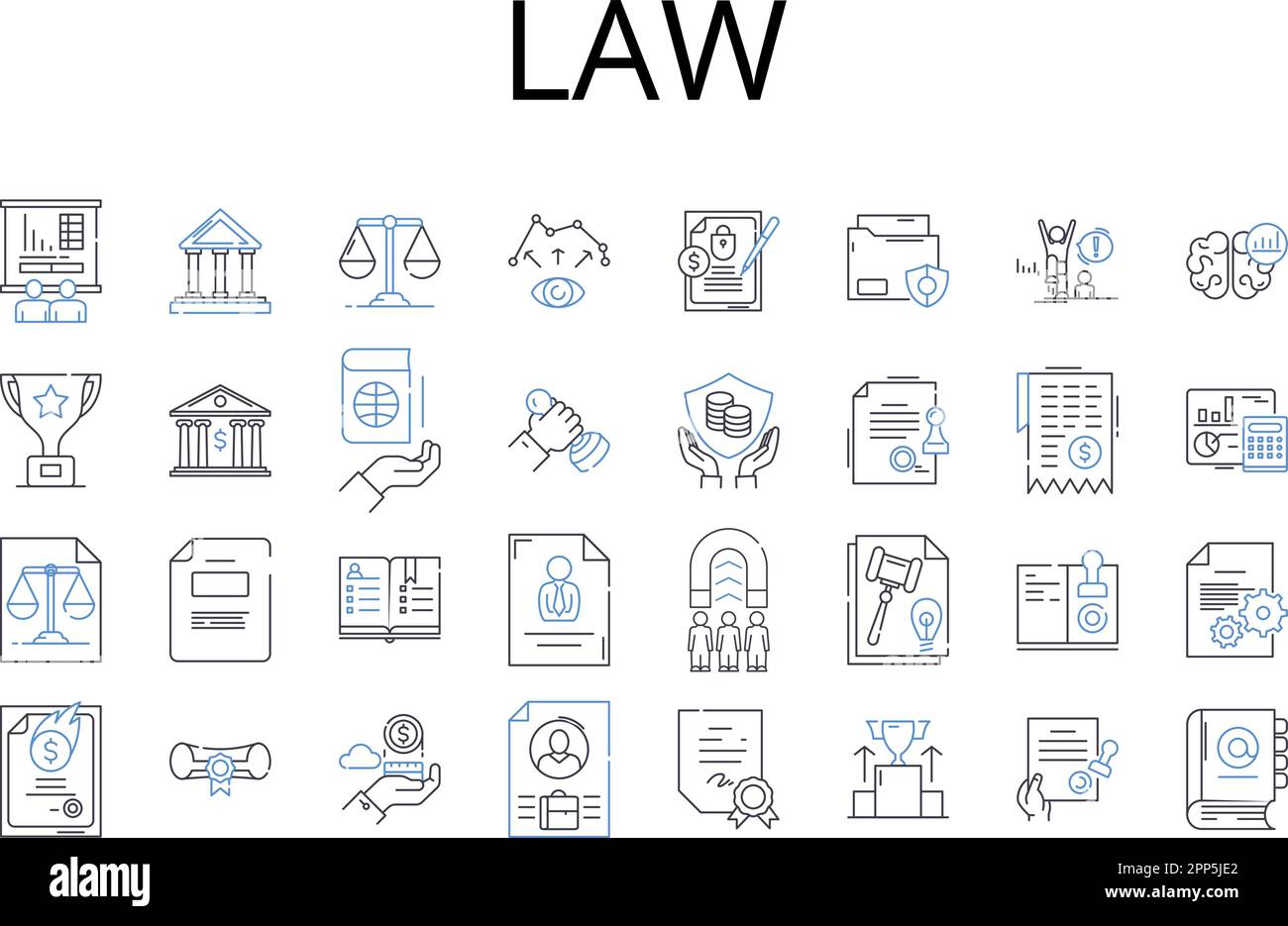 Law line icons collection. Justice, Legislation, Rulebook, Statute, Decree, Regulation, Bylaw vector and linear illustration. Code,Statutory law Stock Vector