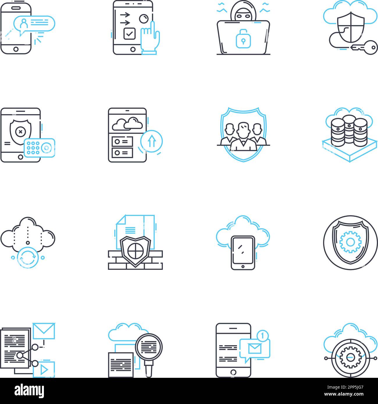 Cyber security linear icons set. Firewall, Encryption, Malware, Spoofing, Phishing, Hacking, Identity theft line vector and concept signs. Passwords Stock Vector
