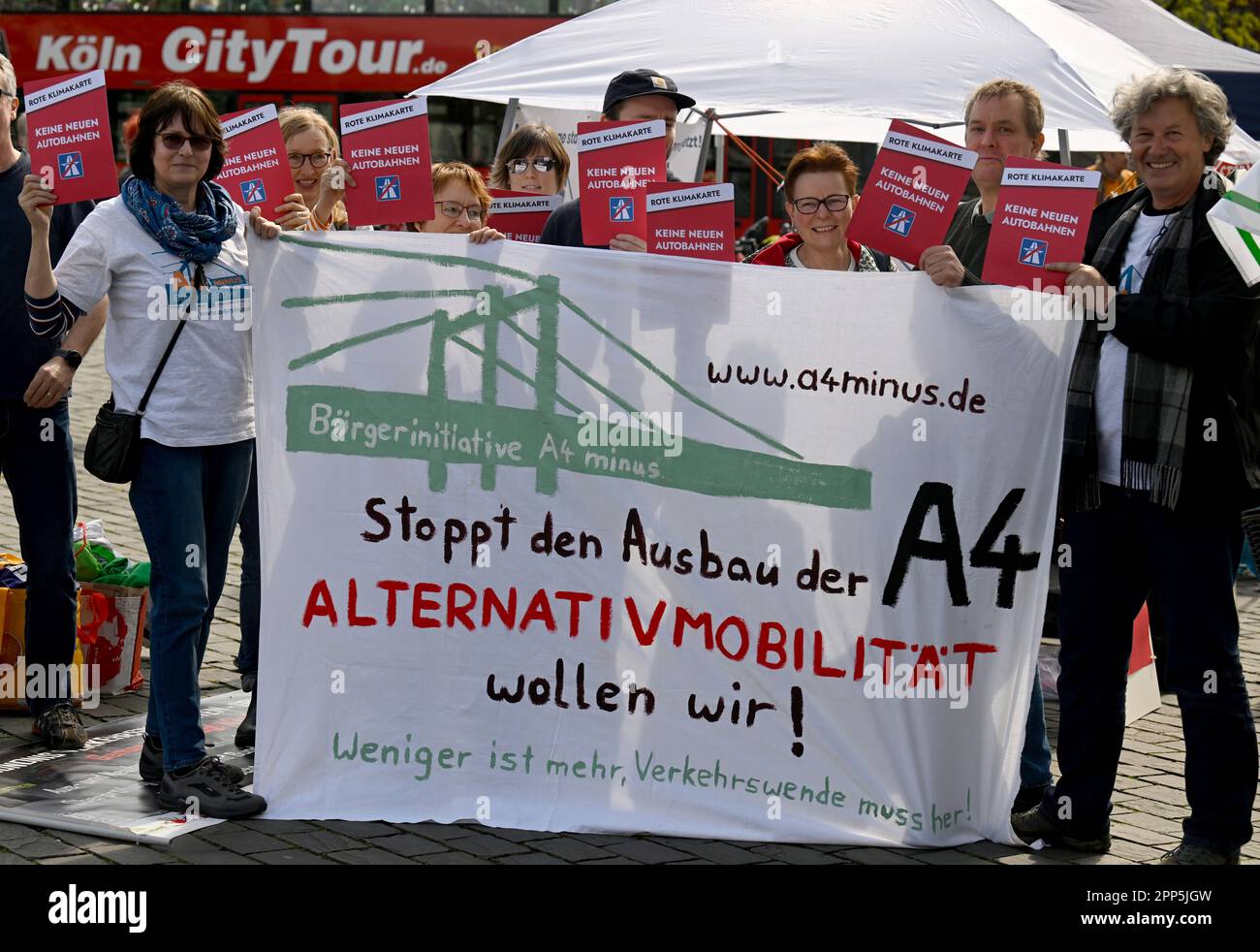 Cologne, Germany. 22nd Apr, 2023. Citizens show the federal government the red card against the expansion of the highway network . Environmental initiatives are today calling for nationwide days of action under the slogan 'Mobility turnaround now! Here in Cologne against the expansion of the A4. Credit: Roberto Pfeil/dpa/Alamy Live News Stock Photo