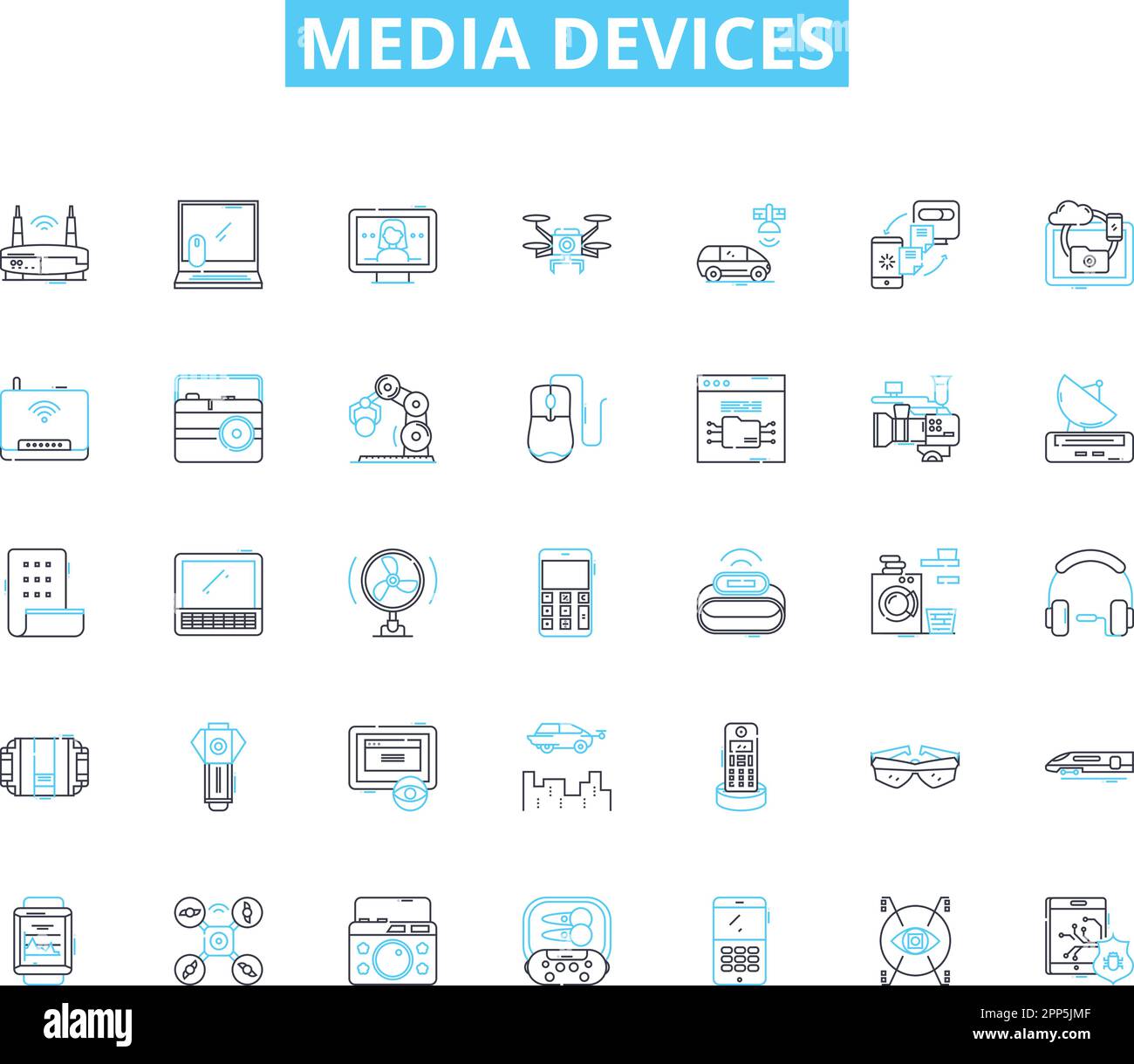 Media devices linear icons set. Tablet, Laptop, Smartph, Television, Camera, Smartwatch, Gaming line vector and concept signs. Headphs,Earbuds,Speaker Stock Vector
