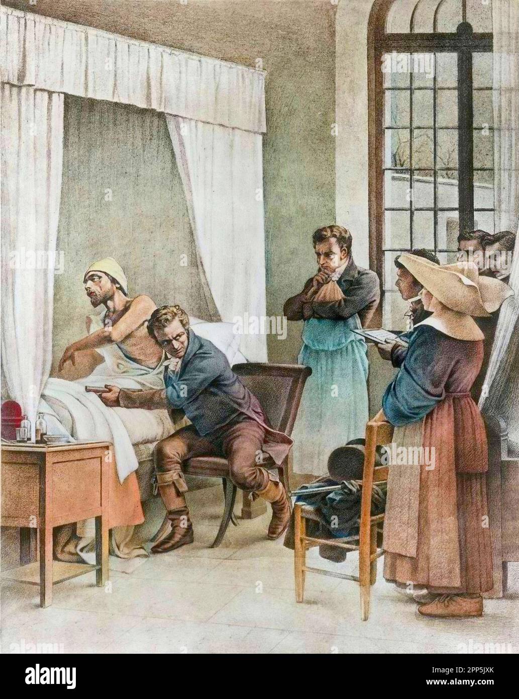 René Théophile Hyacinte Laënnec (1781-1826), médecin francais à l'hôpital Necker auscultant un phtisique devant ses élèves. Lithographie d'après Theobald Chartran (1849-1907) Stock Photo