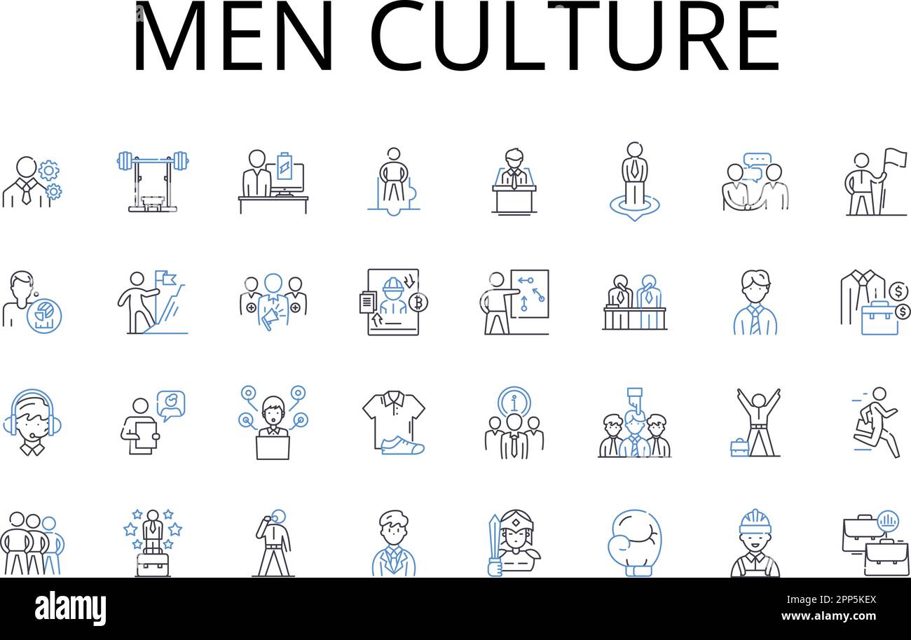 Men culture line icons collection. Women society, Children tradition, Elderly customs, Family heritage, Employee ethos, Citizen values, Leader Stock Vector