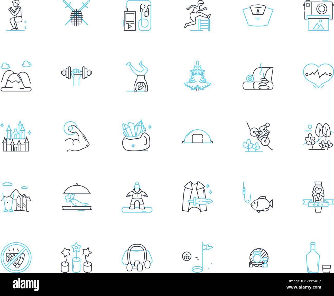 Adventure trips linear icons set. Expedition, Trekking, Safari, Rafting ...