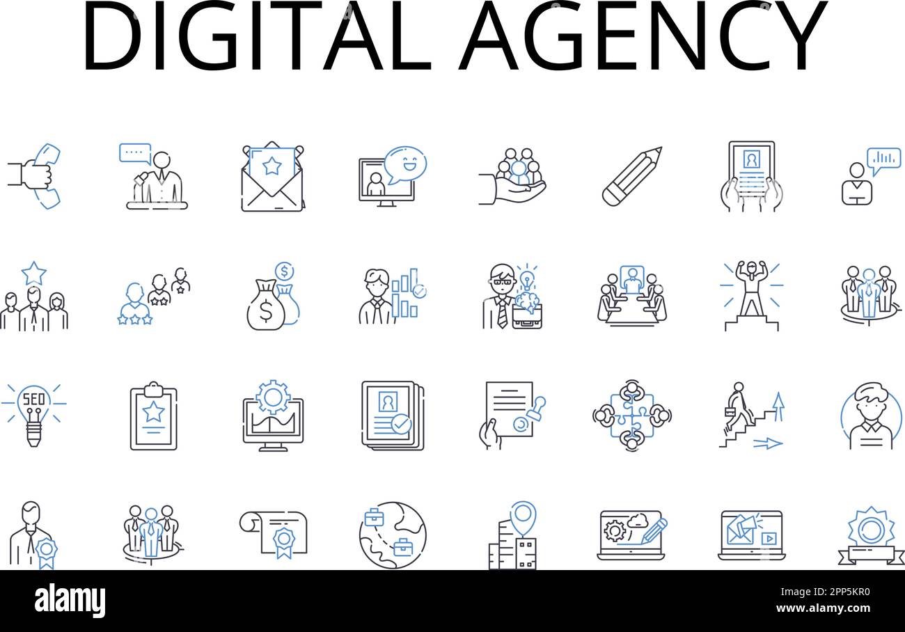 Digital Agency line icons collection. Creative Studio, Marketing Firm, Technology Company, Design Agency, Social Media, Branding Expert, Advertising Stock Vector