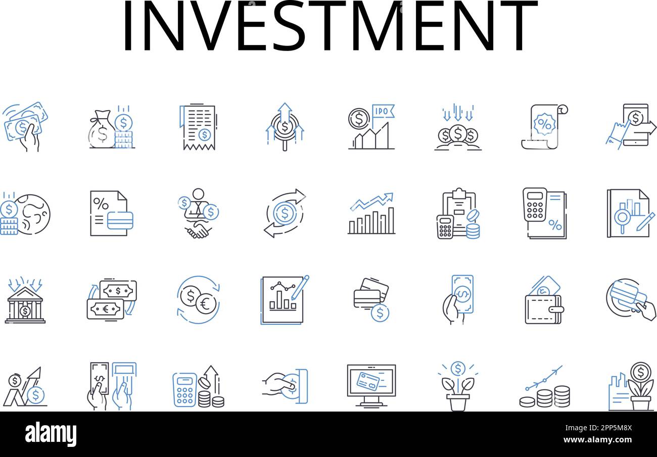 Investment line icons collection. Capital expenditure, Fiscal asset, Financial contribution, Equity stake, Mtary wager, Cash outlay, Capital funding Stock Vector