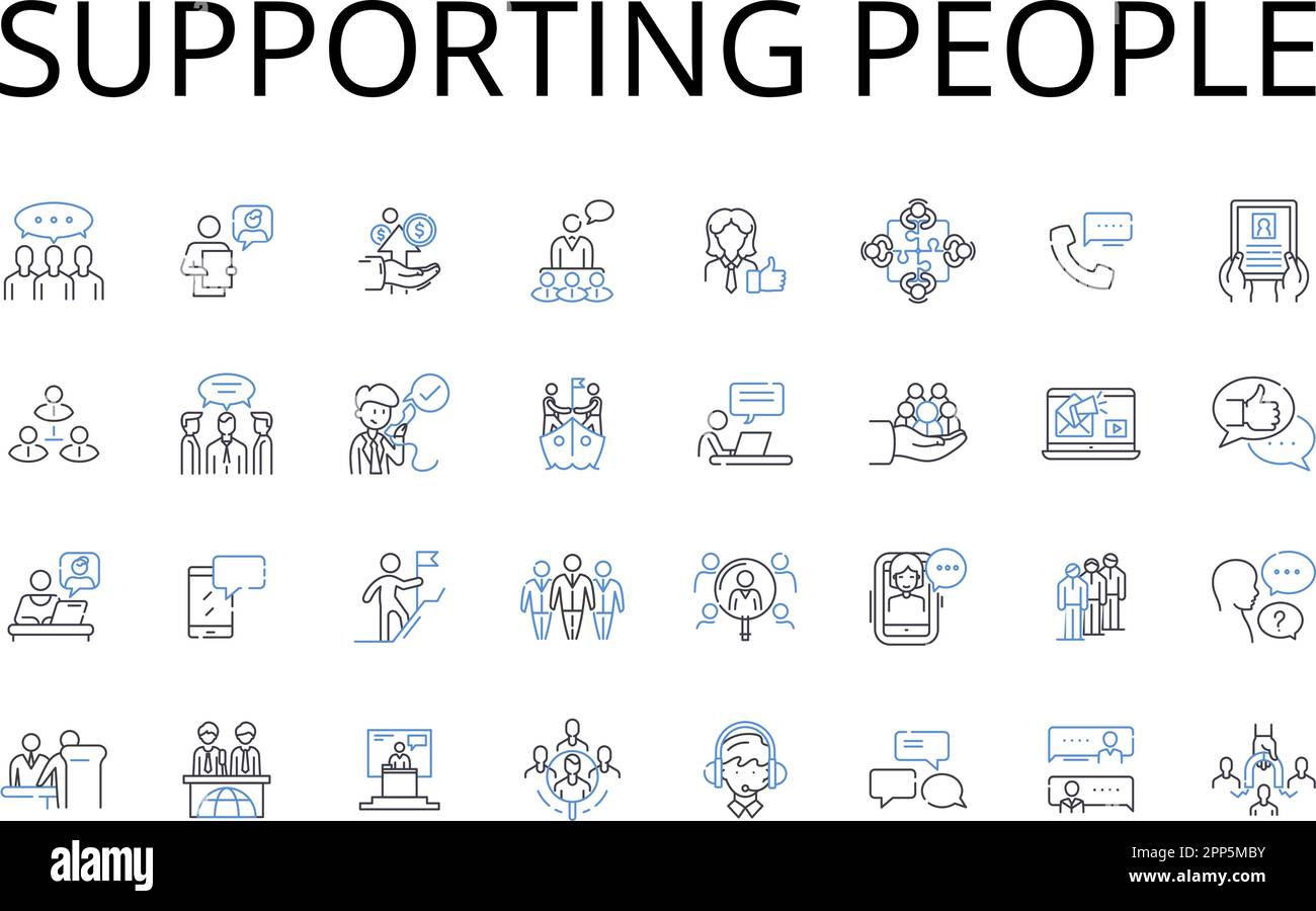 Supporting people line icons collection. Helping others, Assisting individuals, Aiding humanity, Encouraging people, Empowering individuals Stock Vector