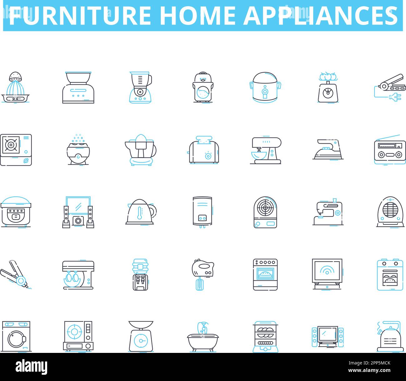 Furniture home appliances linear icons set. Sofa, Chair, Table, Bed, Dresser, Desk, Bookcase line vector and concept signs. Ottoman,Recliner,Mattress Stock Vector