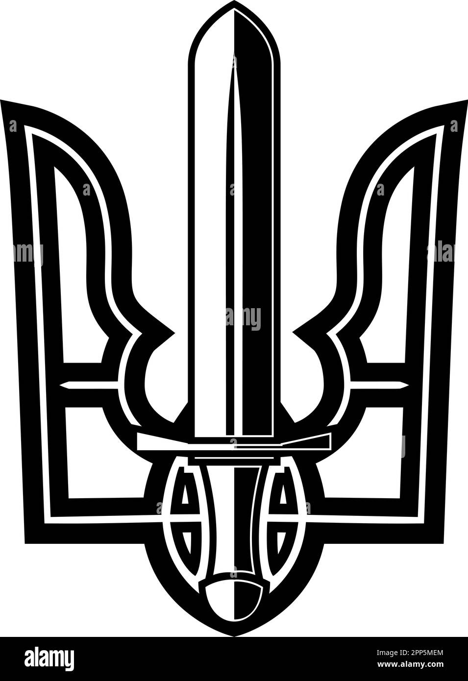 Stylized ukrainian trident with sword shape. Ukrainian sign. Design for label, badge, emblem, poster card. Vector illustration Stock Vector