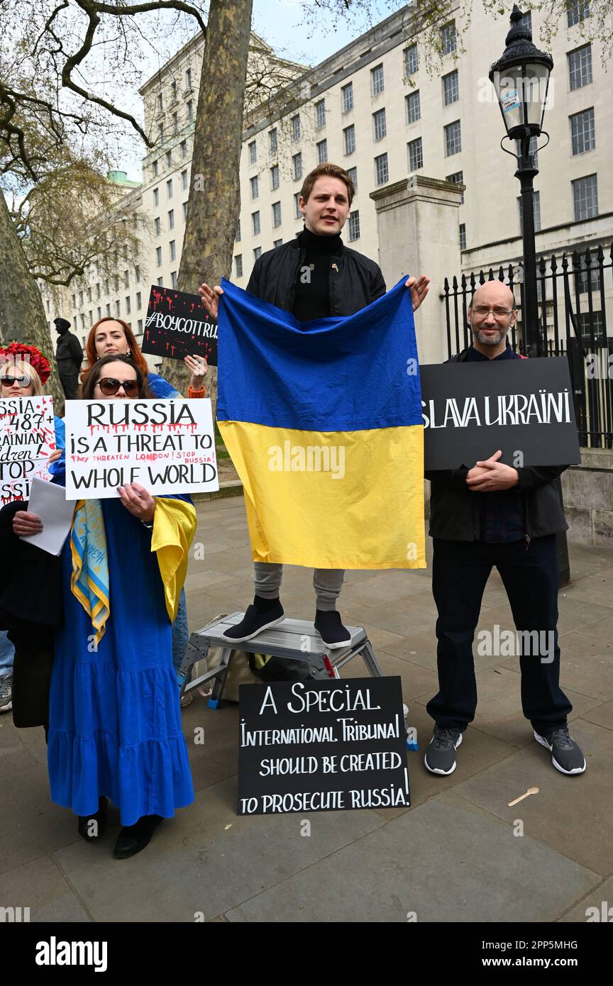 Downing street, London, UK. 22nd Apr, 2023. Ukrainian counter ”Not Our War” rally allege is a russian propagandists in London. Ukraine need more arms. We need air defence. We need your help. If Russia runs out of weapons, there will be no more war opposite Downing street. Credit: See Li/Picture Capital/Alamy Live News Stock Photo
