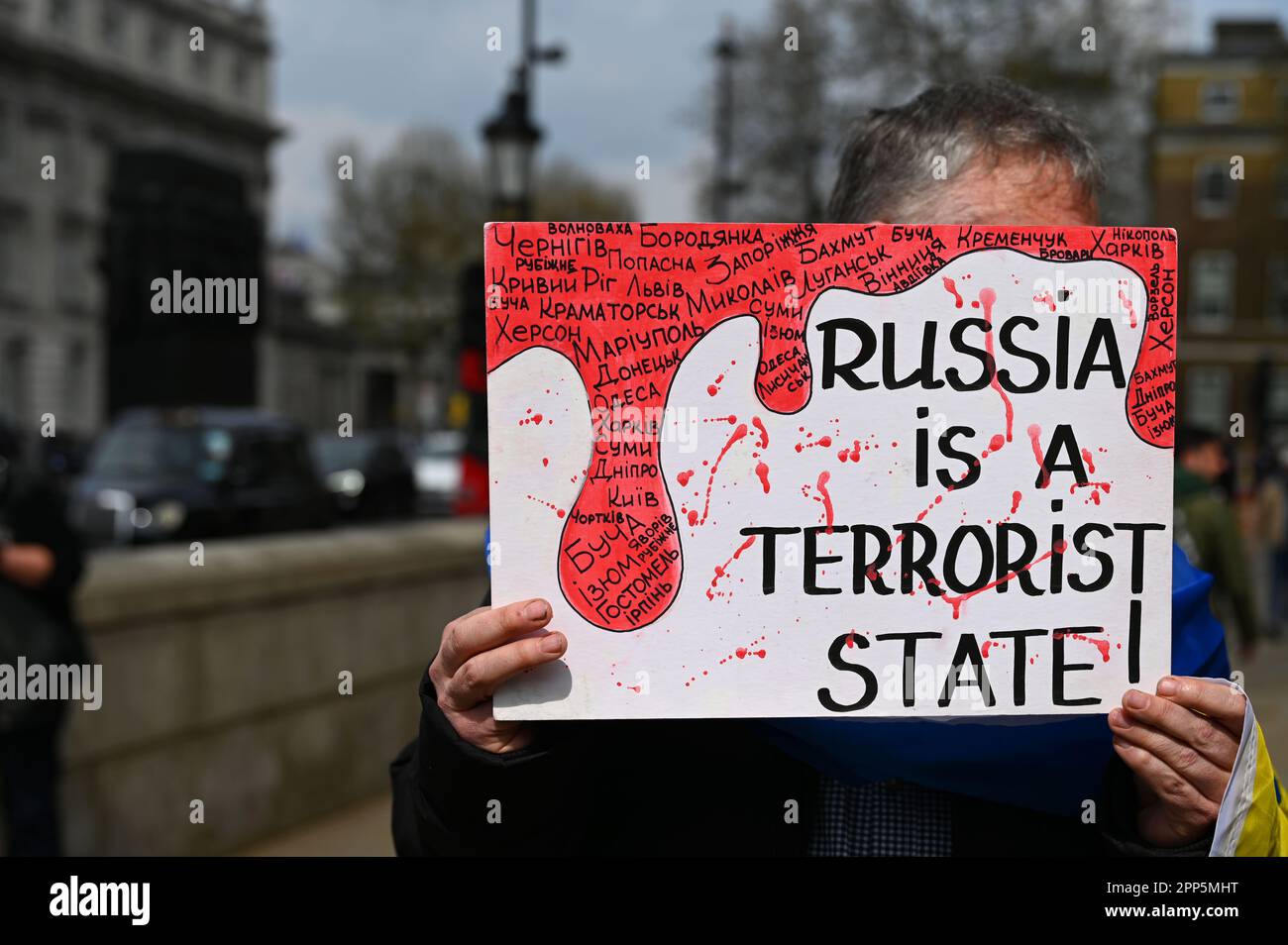 Downing street, London, UK. 22nd Apr, 2023. Ukrainian counter ”Not Our War” rally allege is a russian propagandists in London. Ukraine need more arms. We need air defence. We need your help. If Russia runs out of weapons, there will be no more war opposite Downing street. Credit: See Li/Picture Capital/Alamy Live News Stock Photo