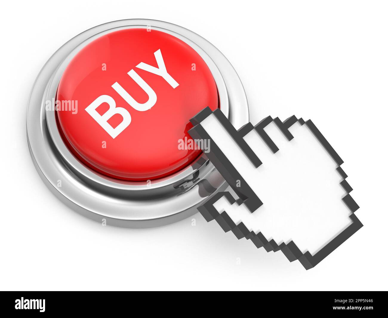 Buy Button with Hand Cursor , This is a 3d rendered computer generated image. Isolated on white. Stock Photo