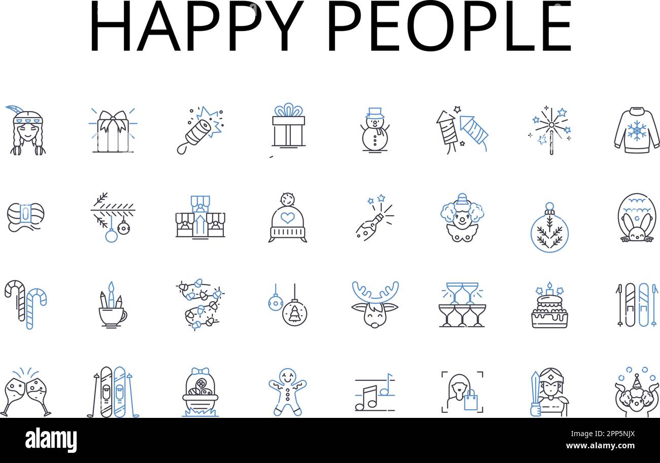 Happy people line icons collection. Joyful individuals, Contented beings, Blissful souls, Pleased personalities, Gratified folks, Elated humans Stock Vector