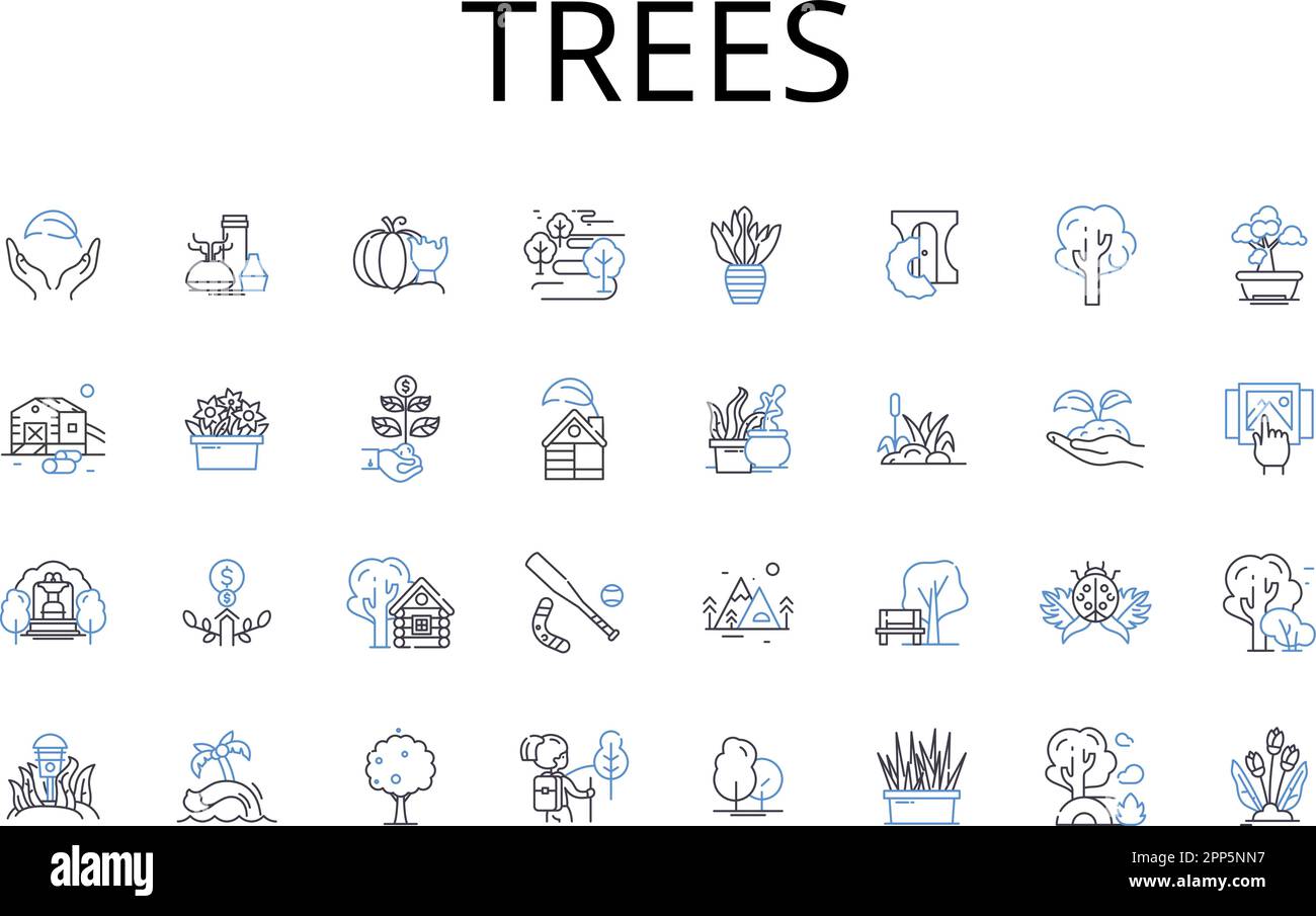 Trees line icons collection. Forest, Woodland, Grove, Orchard, Plantation, Copse, Stand vector and linear illustration. Timberland,Thicket,Arboretum Stock Vector