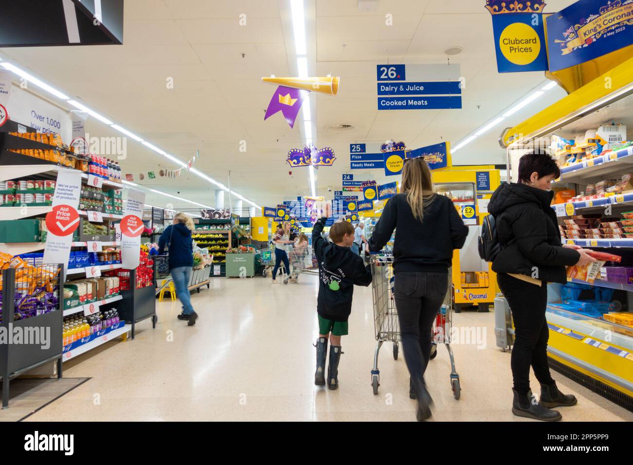 Ashford, Kent, UK. 22nd Apr, 2023. The King's Coronation display of banners at Tesco. Photographer: Paul Lawrenson, Photo Credit: PAL News/Alamy Live News Stock Photo