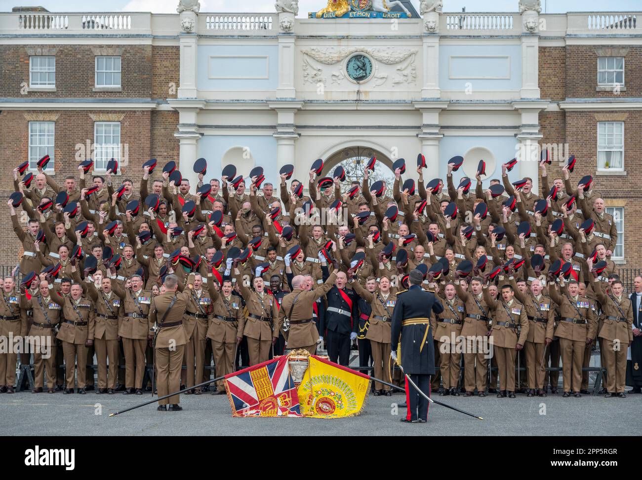 Woolwich, London, UK. 22nd Apr 2023. 4th Battalion The Princess of Wales's Royal Regiment receives its first set of Colours (Ceremonial Regimental flags) at The Royal Artillery Barracks, London, UK. In attendance is HRH Prince Frederik, Prince of Denmark, as acting Commander in Chief of the regiment. Credit: Malcolm Park/Alamy Live News Stock Photo