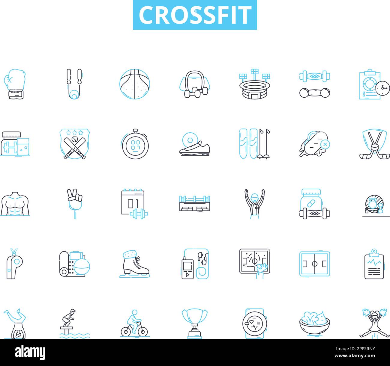 Crossfit linear icons set. WOD, Box, Reps, AMRAP, EMOM, Kipping, Intensity line vector and concept signs. Muscle-ups,Thrusters,Cleans outline Stock Vector