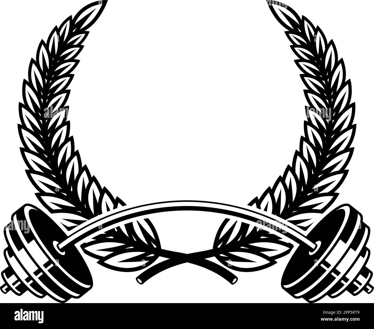 Emblem template with barbell and wreath. Design element for logo, sign, emblem. Vector illustration, Emblem template with barbell and wreath. Design e Stock Vector