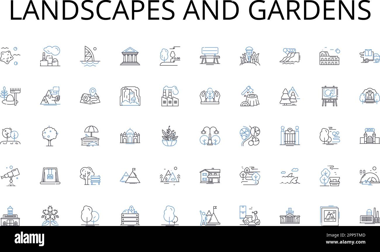 Landscapes and gardens line icons collection. Distributor, Inventory