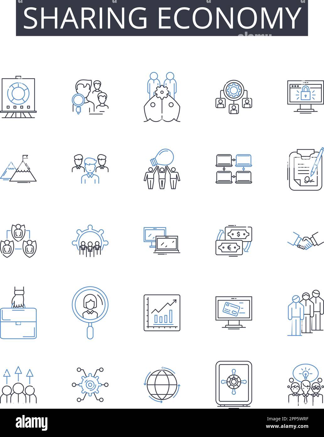 Sharing Economy line icons collection. Gig Economy, Collaborative Consumption, Peer-to-Peer, Social Business, Community Building, Co-creation, Co Stock Vector