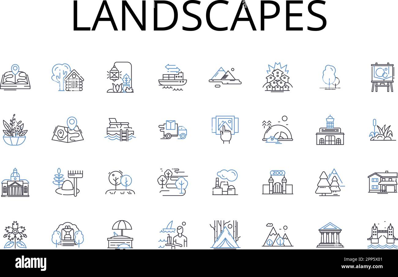 Landscapes line icons collection. Mountainscapes, Waterscapes, Skyscapes, Cityscapes, Seascapes, Forestscapes, Countryscapes vector and linear Stock Vector