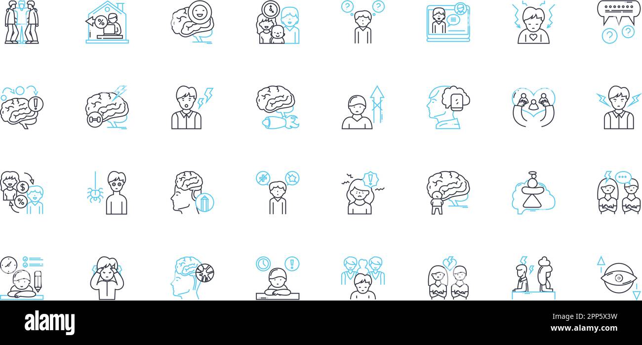 Mental science linear icons set. Psychology, Psychotherapy, Mental health, Cognition, Emotion, Perception, Mood line vector and concept signs. Anxiety Stock Vector