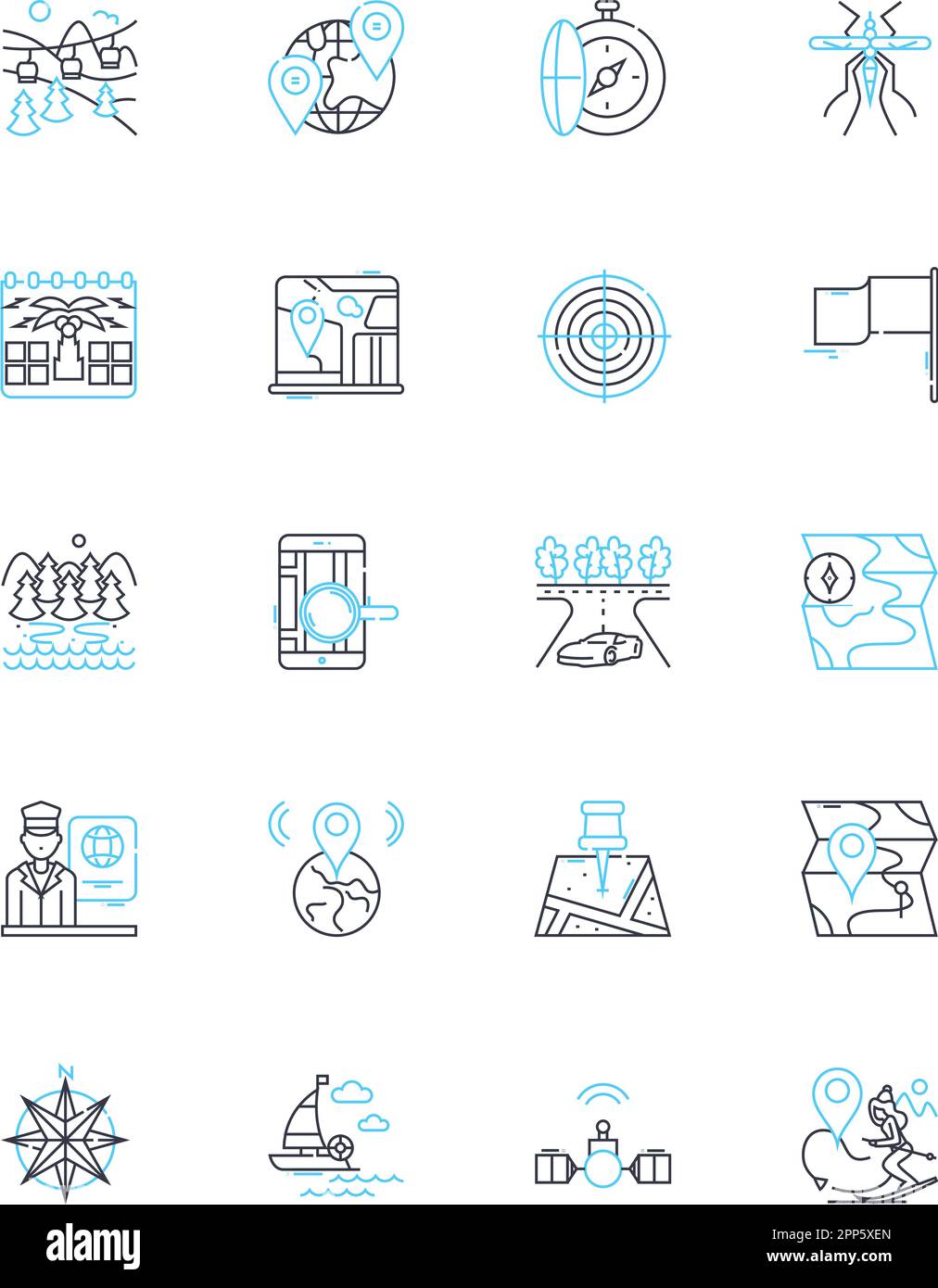 Map-based navigation linear icons set. GPS, Navigation, Directions, Wayfinding, Geolocation, Positioning, Routing line vector and concept signs Stock Vector