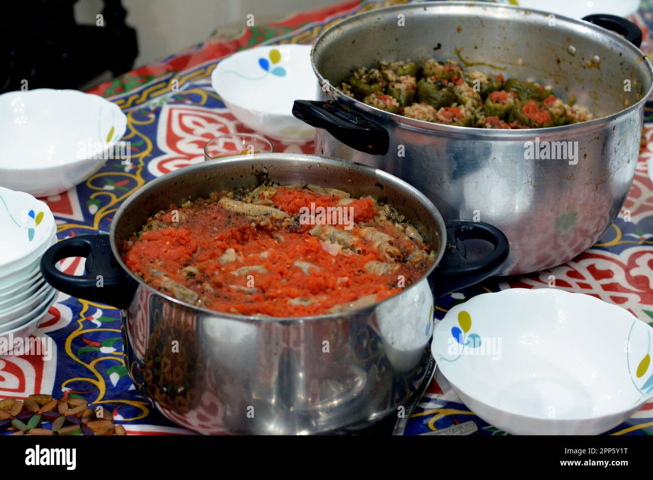 Ramadan month iftar table with different types of food, Arabic Egyptian