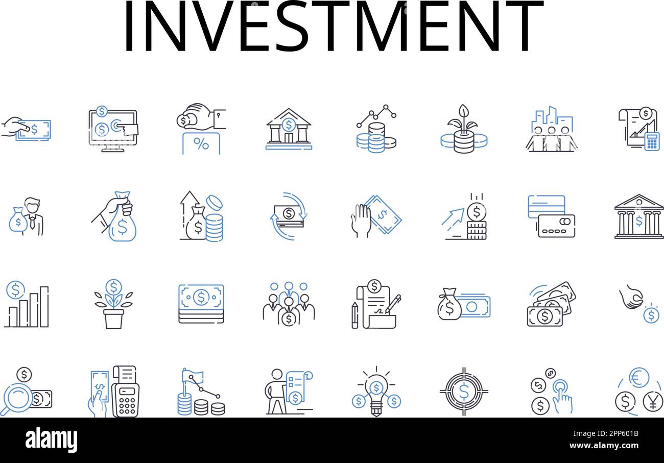 Investment line icons collection. Capital expenditure, Fiscal asset, Financial contribution, Equity stake, Mtary wager, Cash outlay, Capital funding Stock Vector