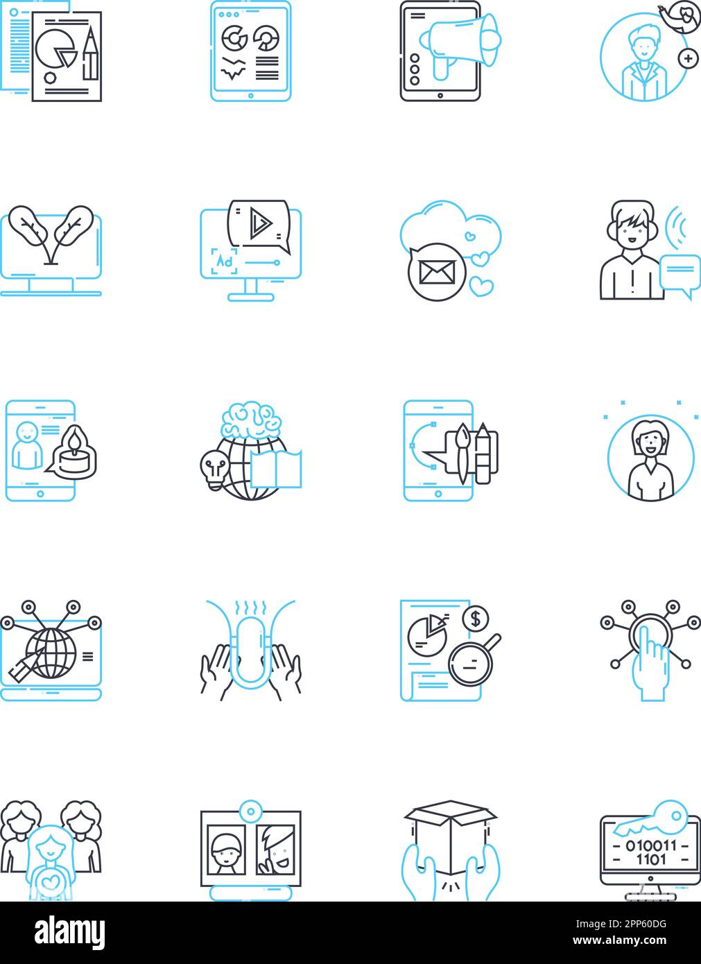 Virtual presence linear icons set. Avatar, Teleportation, Immersion, Augmented reality, Virtual environment, Cybernetics, Hologram line vector and Stock Vector