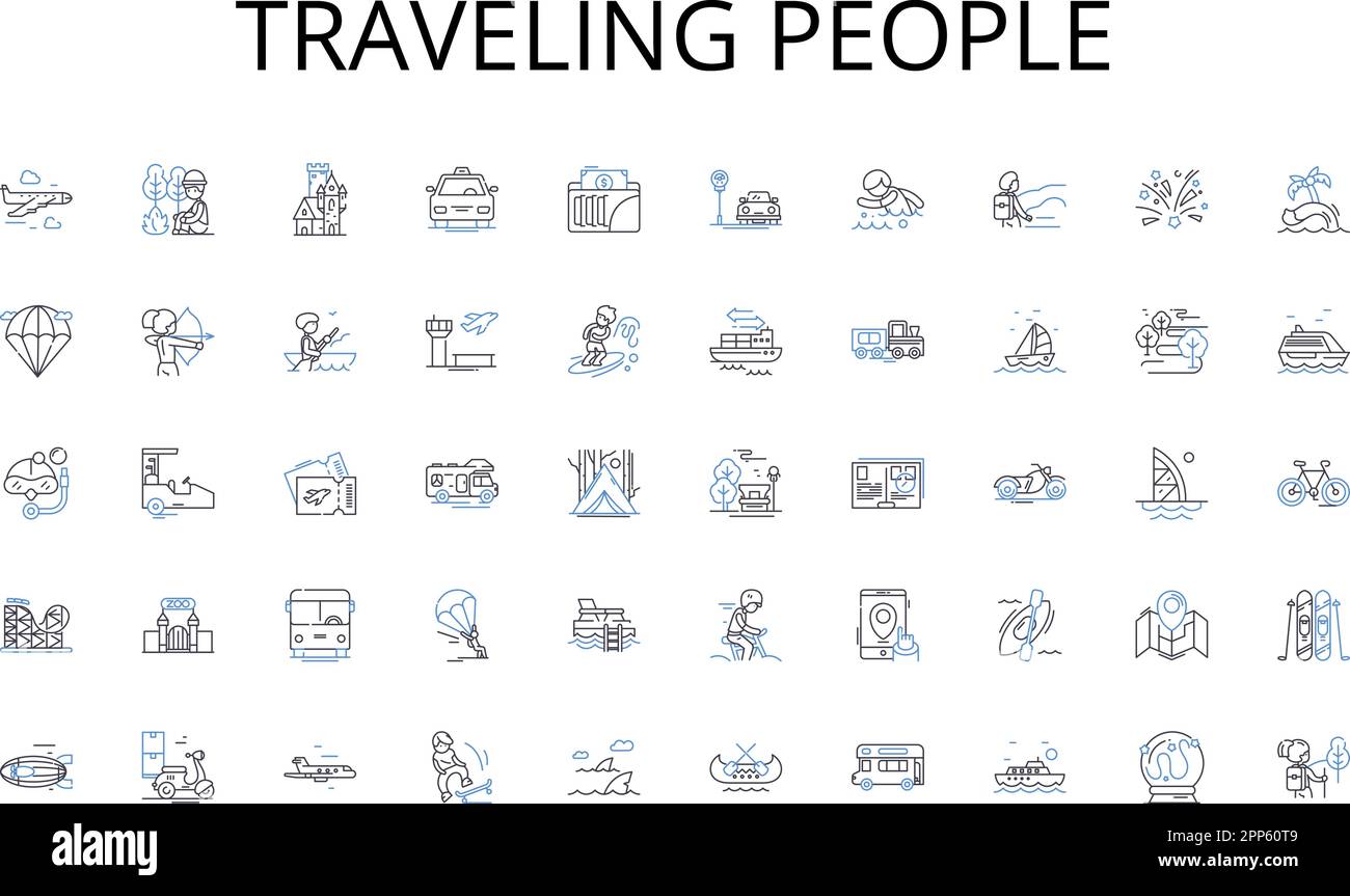 Traveling people line icons collection. Museums, Galleries, Architecture, Landmarks, Festivals, Foods, Music vector and linear illustration. Artifacts Stock Vector