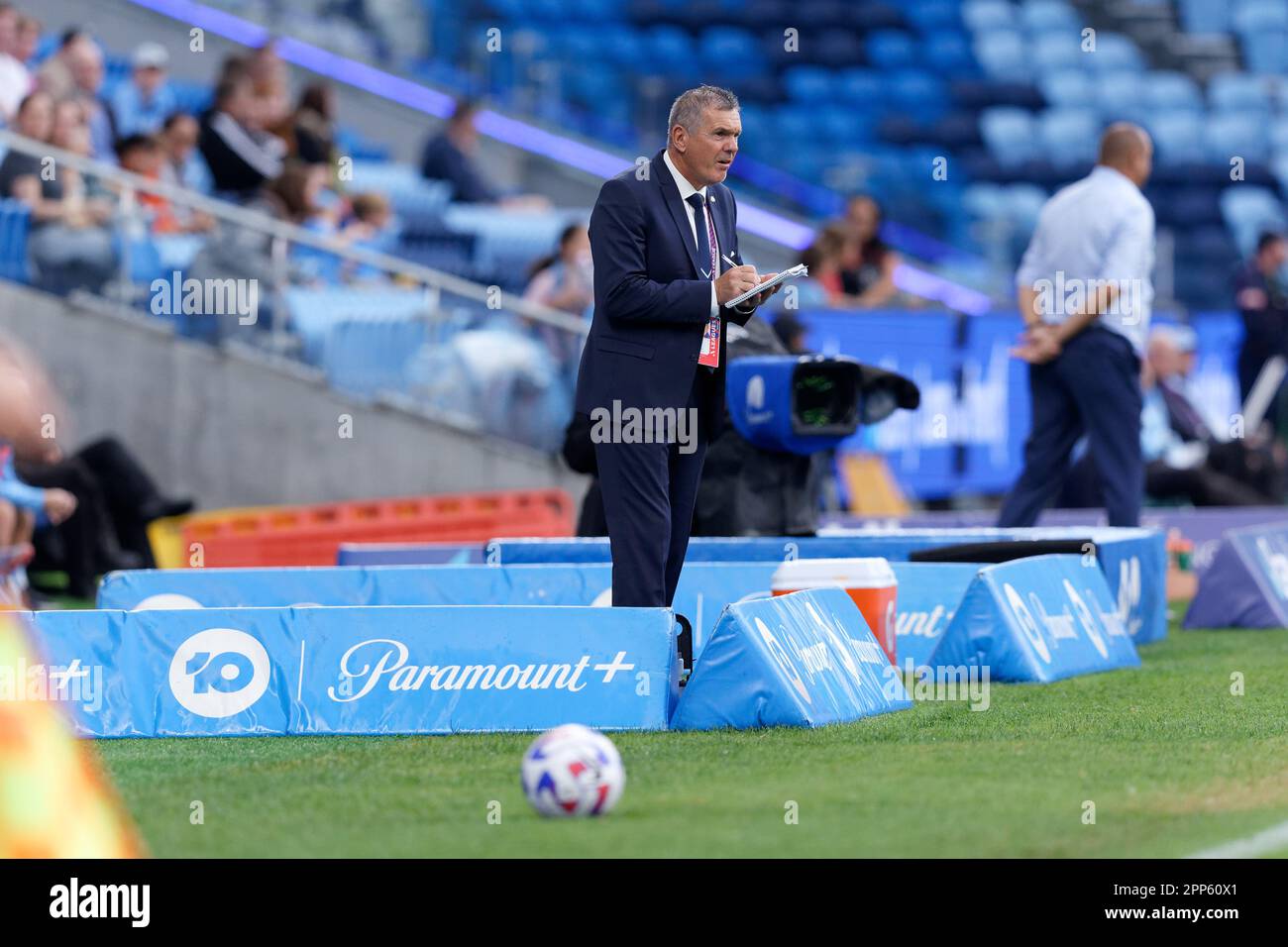 Sydney, Australia. 22nd Apr, 2023. Coach, Jeff Hopkins of Melbourne Victory takes notes during the match between Sydney and Victory at Allianz Stadium on April 22, 2023 in Sydney, Australia Credit: IOIO IMAGES/Alamy Live News Stock Photo