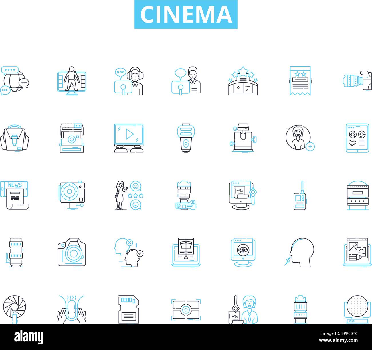 Cinema linear icons set. Film, Action, Drama, Comedy, Romance, Thriller, Horror line vector and concept signs. Adventure,Sci-fi,Fantasy outline Stock Vector