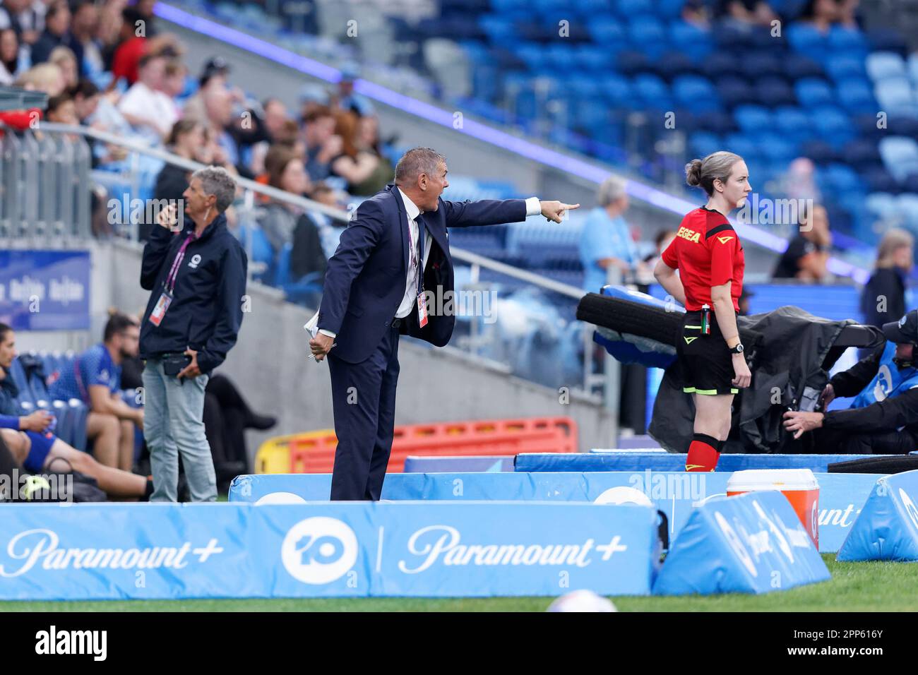Sydney, Australia. 22nd Apr, 2023. Coach, Jeff Hopkins of Melbourne Victory seen communicating with his players during the match between Sydney and Victory at Allianz Stadium on April 22, 2023 in Sydney, Australia Credit: IOIO IMAGES/Alamy Live News Stock Photo