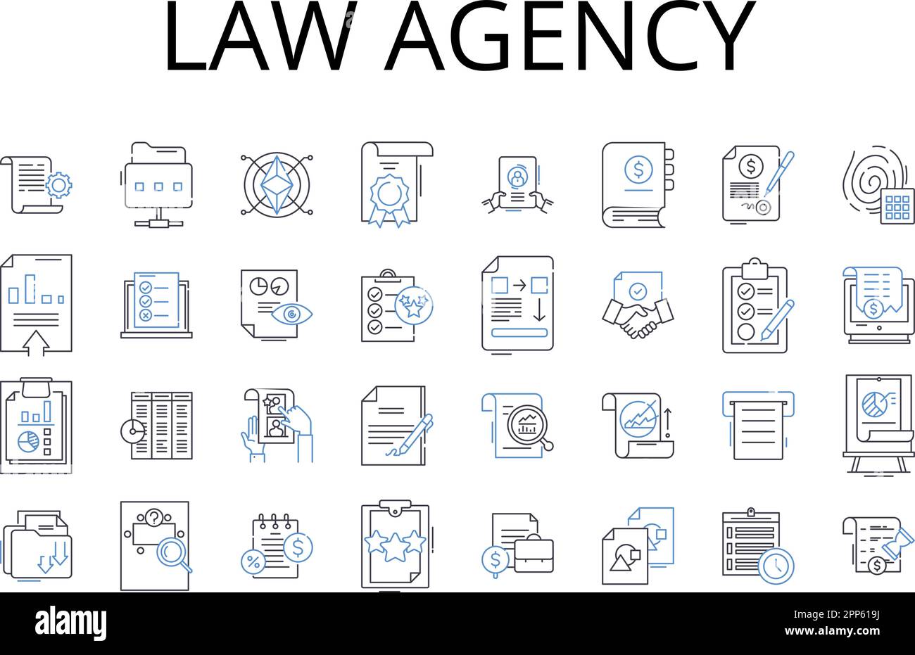 law agency line icons collection. Legal firm, Judicial bureau, Court company, Attorney association, Law house, Justice organization, Advocate agency Stock Vector