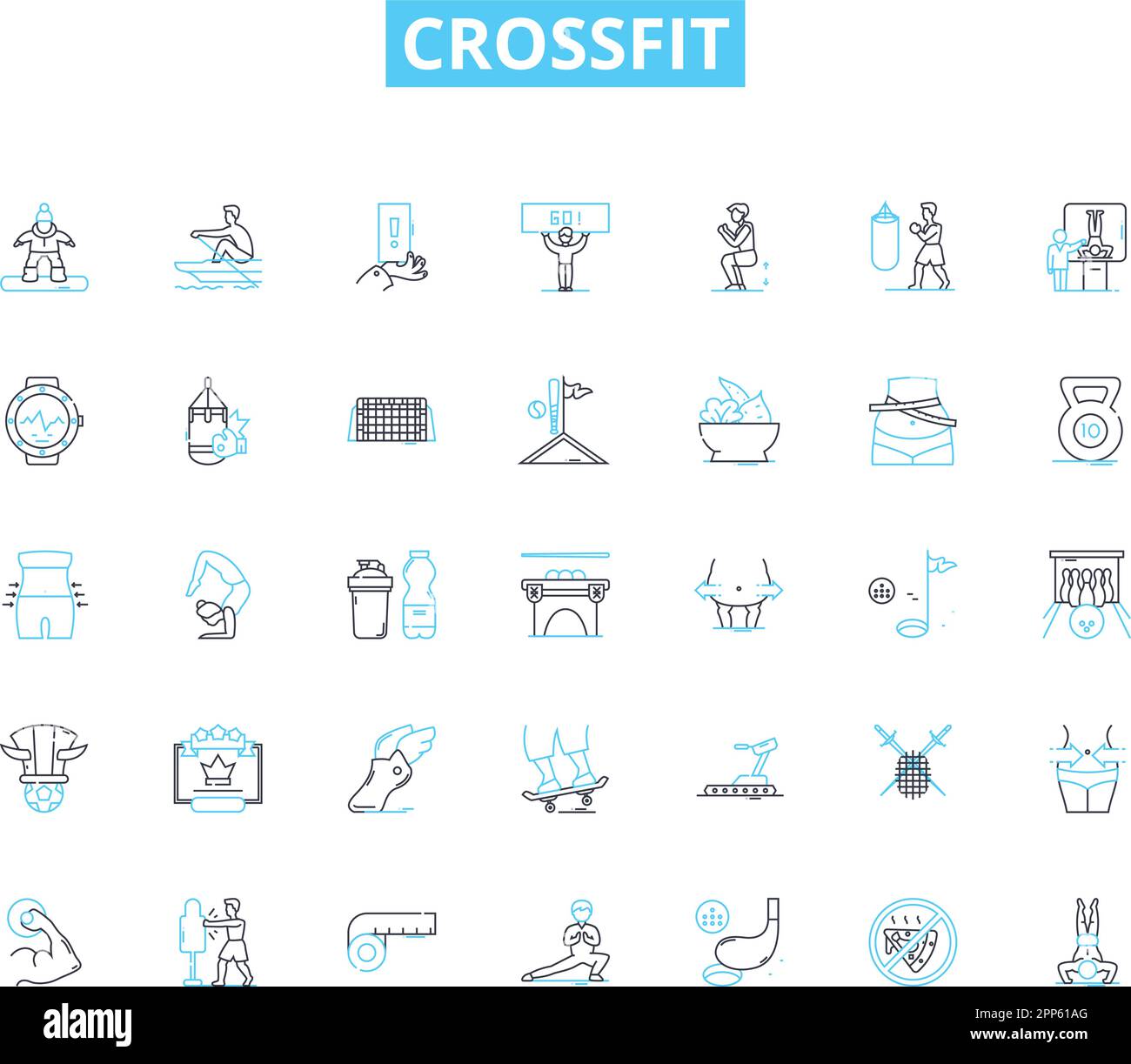Crossfit linear icons set. WOD, Box, Reps, AMRAP, EMOM, Kipping, Intensity line vector and concept signs. Muscle-ups,Thrusters,Cleans outline Stock Vector