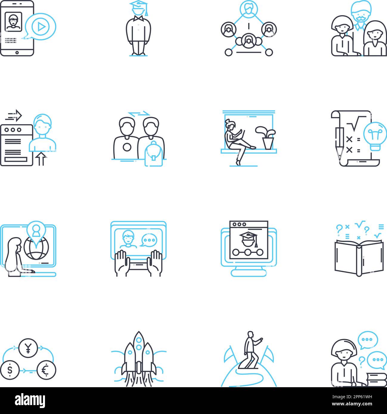Corporate training linear icons set. Development, Growth, Learning, Success, Teamwork, Adaptability, Communication line vector and concept signs Stock Vector