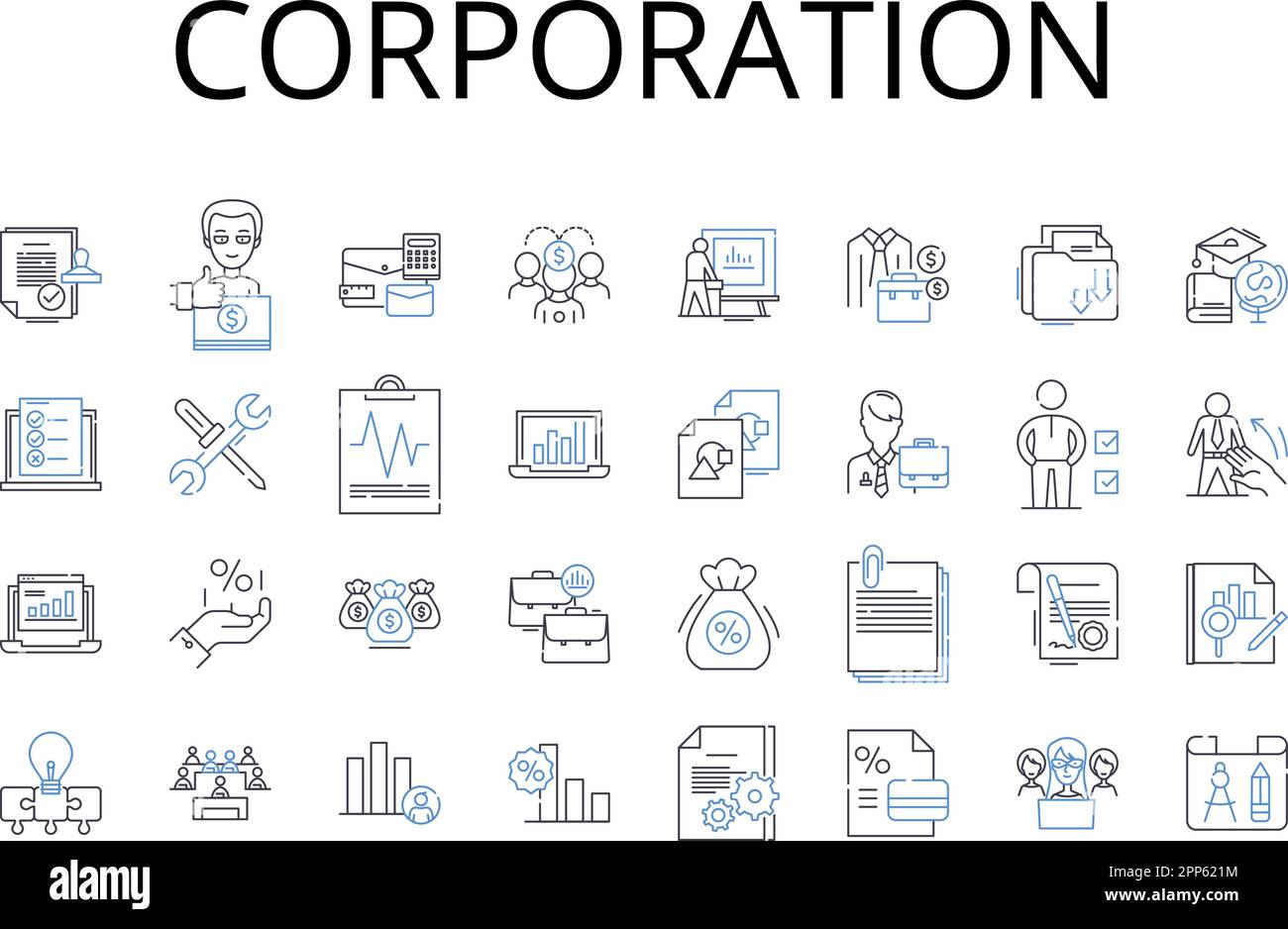 Corporation line icons collection. Business entity, Conglomerate, Company group, Commercial enterprise, Concern organization, Inc undertaking, Joint Stock Vector