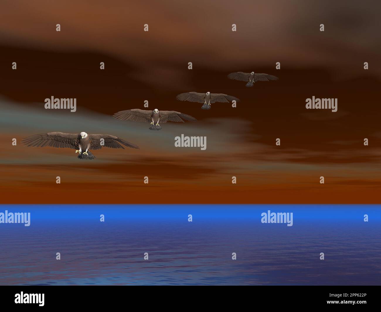 Illustrated surreal bald eagles flying over sea Stock Photo - Alamy